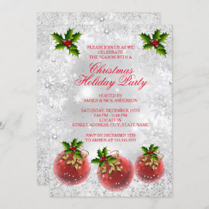 Invitation Fête de Noël Red Holly Bauble Silver