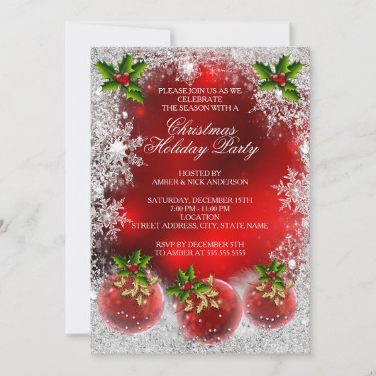 Invitation Fête de Noël Red Holly Bauble Snowflake (Devant)