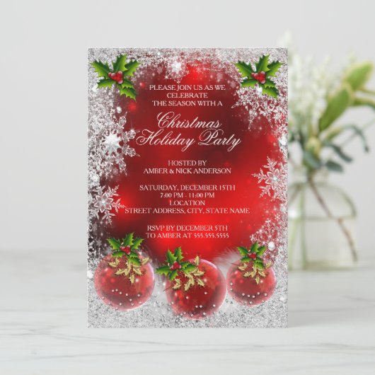 Invitation Fête de Noël Red Holly Bauble Snowflake (Debout devant)