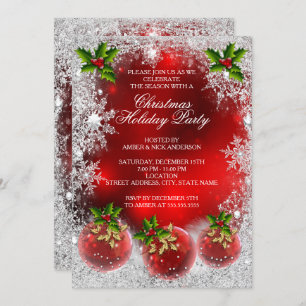 Invitation Fête de Noël Red Holly Bauble Snowflake