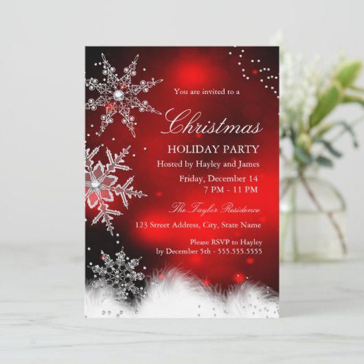 Invitation Fête de Noël Red Sparkel Snowflake (Debout devant)