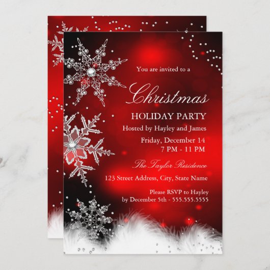 Invitation Fête de Noël Red Sparkel Snowflake (Devant / Derrière)