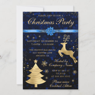 Invitation Fête de Noël Renne et Arbre Bleu et Or
