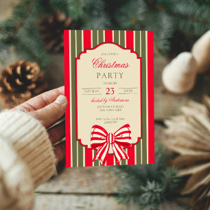 Invitation Fête de Noël rétro bandes rouges et vertes avec nœ