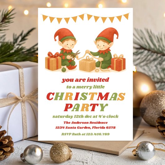 Invitation Fête de Noël rétro Elf modifiable