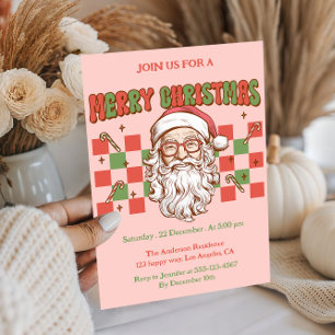 Invitation Fête de Noël rétro rose avec le Père Noël