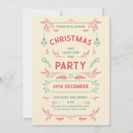 Invitation Fête de Noël rétro Rouge & Vert avec ornements (Devant)