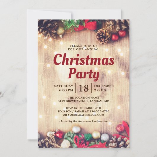 Invitation Fête de Noël Roche Rustique Lumières Pine Cônes (Devant)