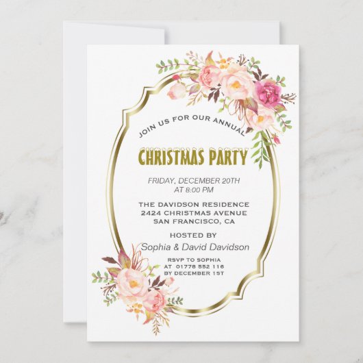 Invitation Fête de Noël Romantique Rose Blush Floral Or (Devant)