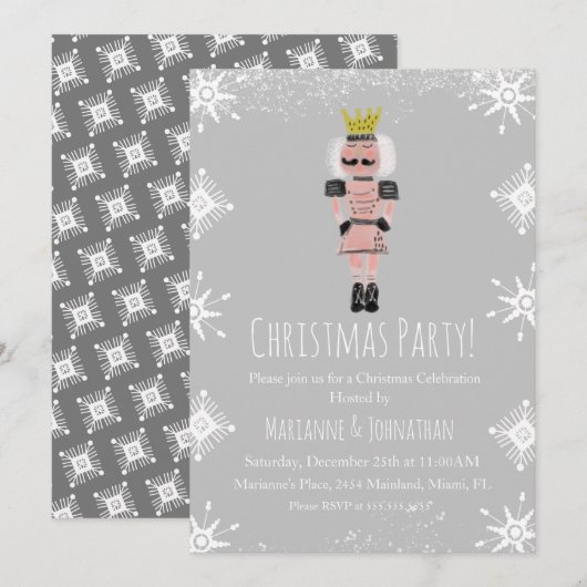 Invitation Fête de Noël Rose Casse-Noisette Flocons de Neige (Devant / Derrière)