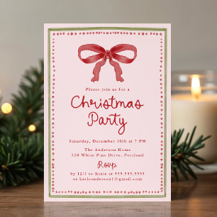 Invitation Fête de Noël Rose Pâle au Nœud Rouge Vintage