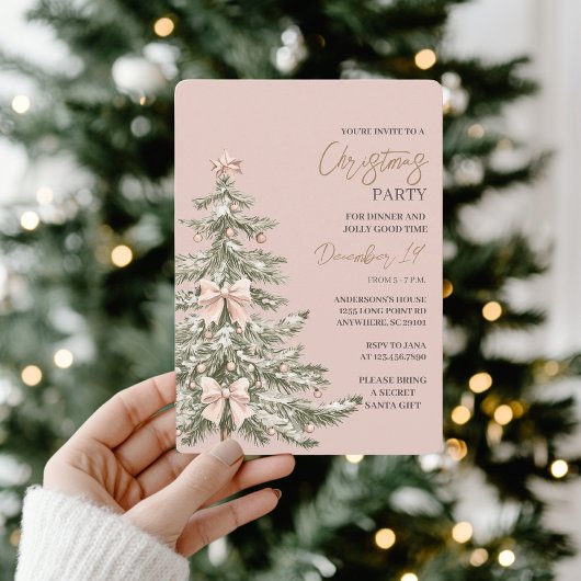 Invitation Fête de Noël Rose Pâle et Or
