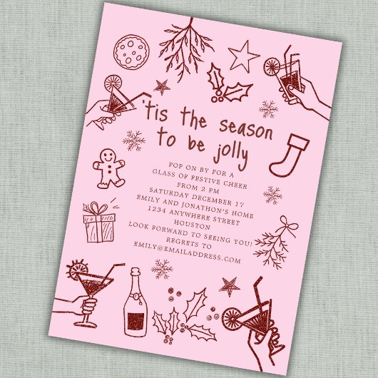 Invitation Fête de Noël rose rouge à main blanche