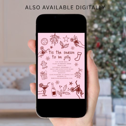 Invitation Fête de Noël rose rouge à main blanche