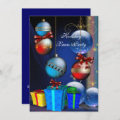Invitation Fête de Noël Rouge Bleu Cadeaux Boxes Boules (Devant / Derrière)