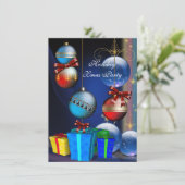 Invitation Fête de Noël Rouge Bleu Cadeaux Boxes Boules (Debout devant)