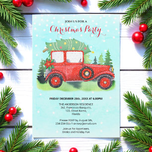 Invitation Fête de Noël Rouge Camion bleu hiver