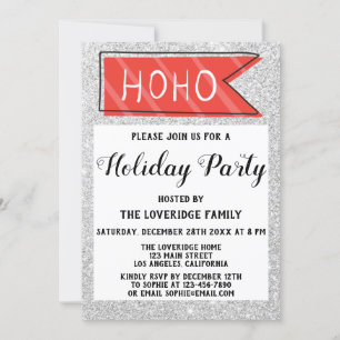 Invitation Fête de Noël rouge et gris avec paillettes argenté