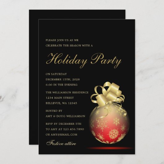 Invitation Fête de Noël Rouge et Or (Devant / Derrière)