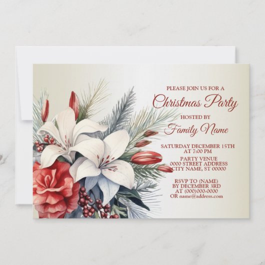 Invitation Fête de Noël Rouge Fleurs blanches Vacances Élégan (Devant)