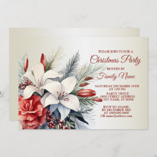Invitation Fête de Noël Rouge Fleurs blanches Vacances Élégan