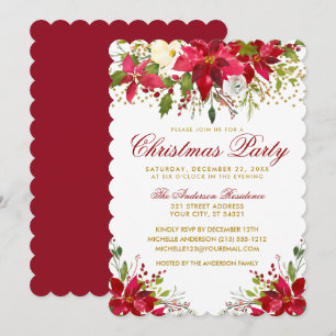 Invitation Fête de Noël Rouge Floral Poinsettia Gold Parties