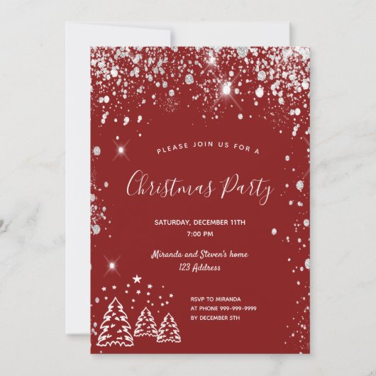 Invitation Fête de Noël rouge paillettes argentées (Devant)