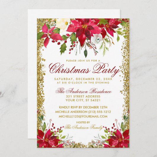 Invitation Fête de Noël Rouge Parties scintillant d'or Poinse (Devant / Derrière)