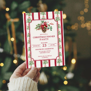 Invitation Fête de Noël rouge rétro rayures pin arc