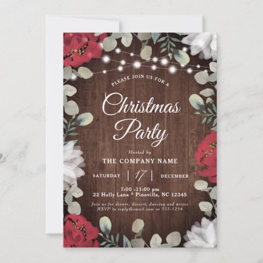 Invitation Fête de Noël Rouge Rouge Blanc Rustique (Devant)