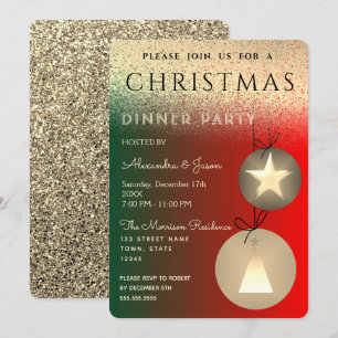 Invitation Fête de Noël Rouge Vert et Paillettes Dorées