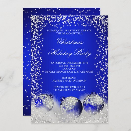 Invitation Fête de Noël Royal Blue Snow Bauble (Devant / Derrière)