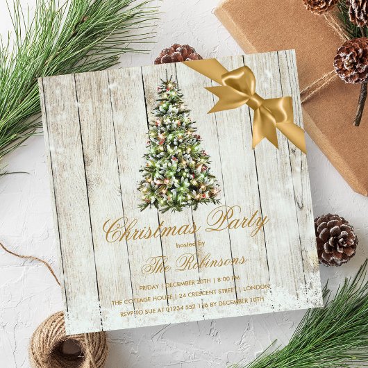 Invitation Fête de Noël | Ruban rustique Arbre et Or