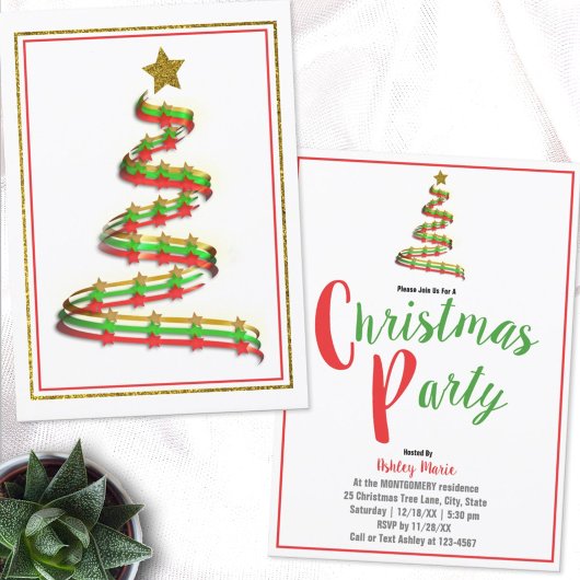 Invitation Fête de Noël Ruban Vert Rouge Or Abstrait 