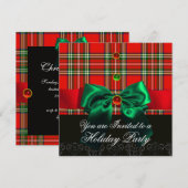 INVITATION FÊTE DE NOËL RUBANS VERTS ET TARTAN ÉCOSSAIS ROUGE (Devant / Derrière)