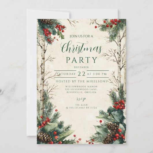 Invitation Fête de Noël Rustic Birch Pinecone (Devant)