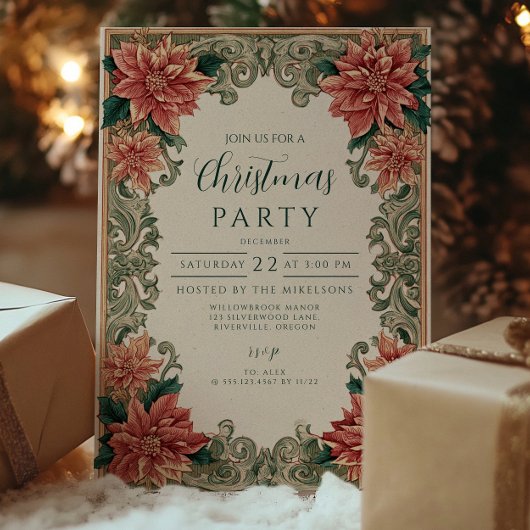 Invitation Fête de Noël Rustic Poinsettia