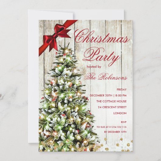 Invitation Fête de Noël | Rustic Tree & Red Ribbon Invitat (Devant)