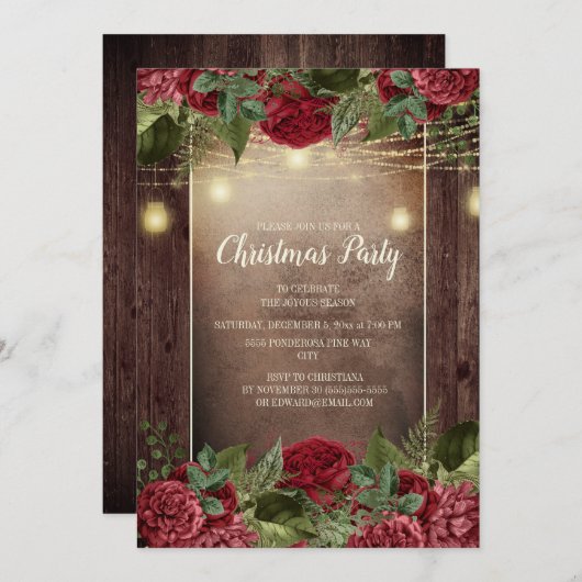 Invitation Fête de Noël Rustique Bois Bourgogne Floral String (Devant / Derrière)