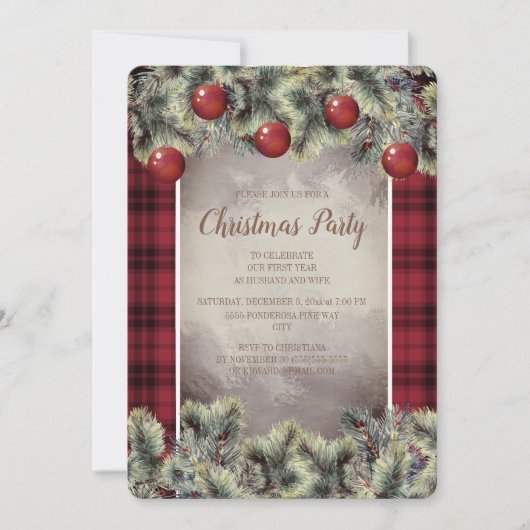 Invitation Fête de Noël Rustique Buffalo Plaid Gris Argent (Devant)