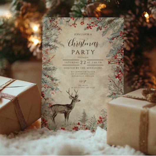 Invitation Fête de Noël Rustique Cerf Pin Baie
