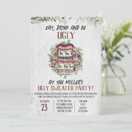 Invitation Fête de Noël rustique et moche (Debout devant)