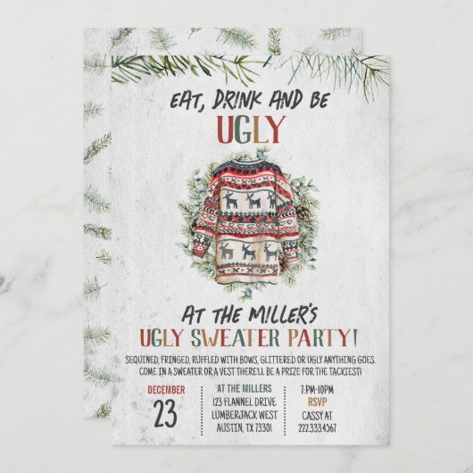 Invitation Fête de Noël rustique et moche (Devant / Derrière)