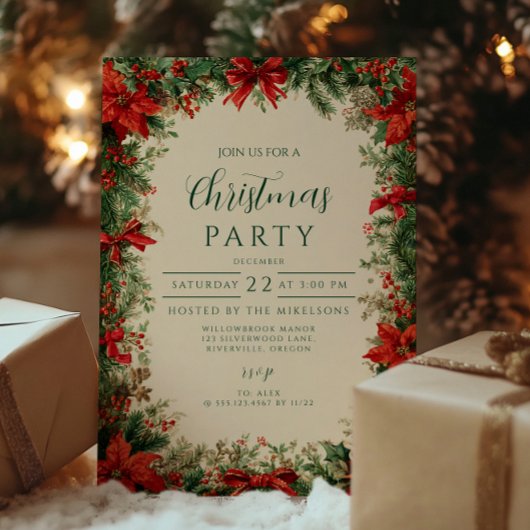 Invitation Fête de Noël Rustique Poinsettia Pine