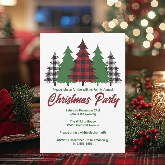 Invitation Fête de Noël Rustique Red Plaid Green Trees