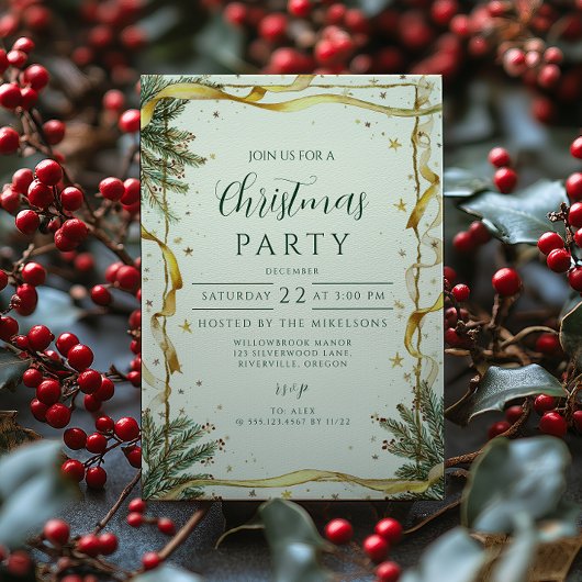 Invitation Fête de Noël rustique ruban doré
