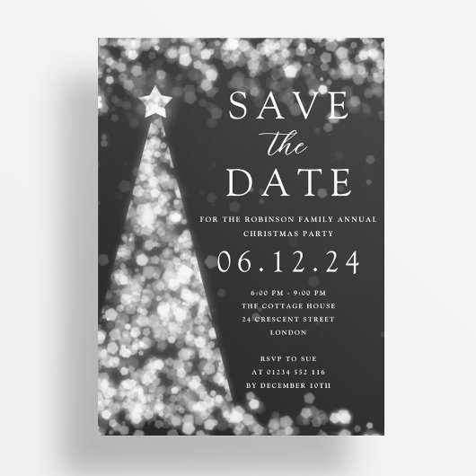 Invitation Fête de Noël Sauvez La Date Arbre Argent Glam