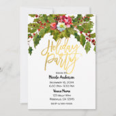 Invitation Fête de Noël Script Doré Fleurs de Houx (Devant)