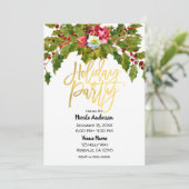 Invitation Fête de Noël Script Doré Fleurs de Houx (Debout devant)