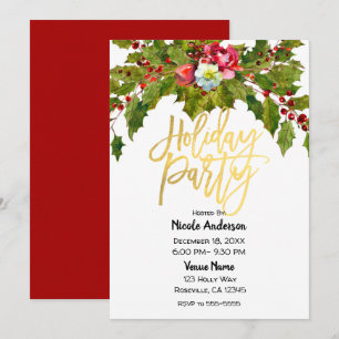 Invitation Fête de Noël Script Doré Fleurs de Houx